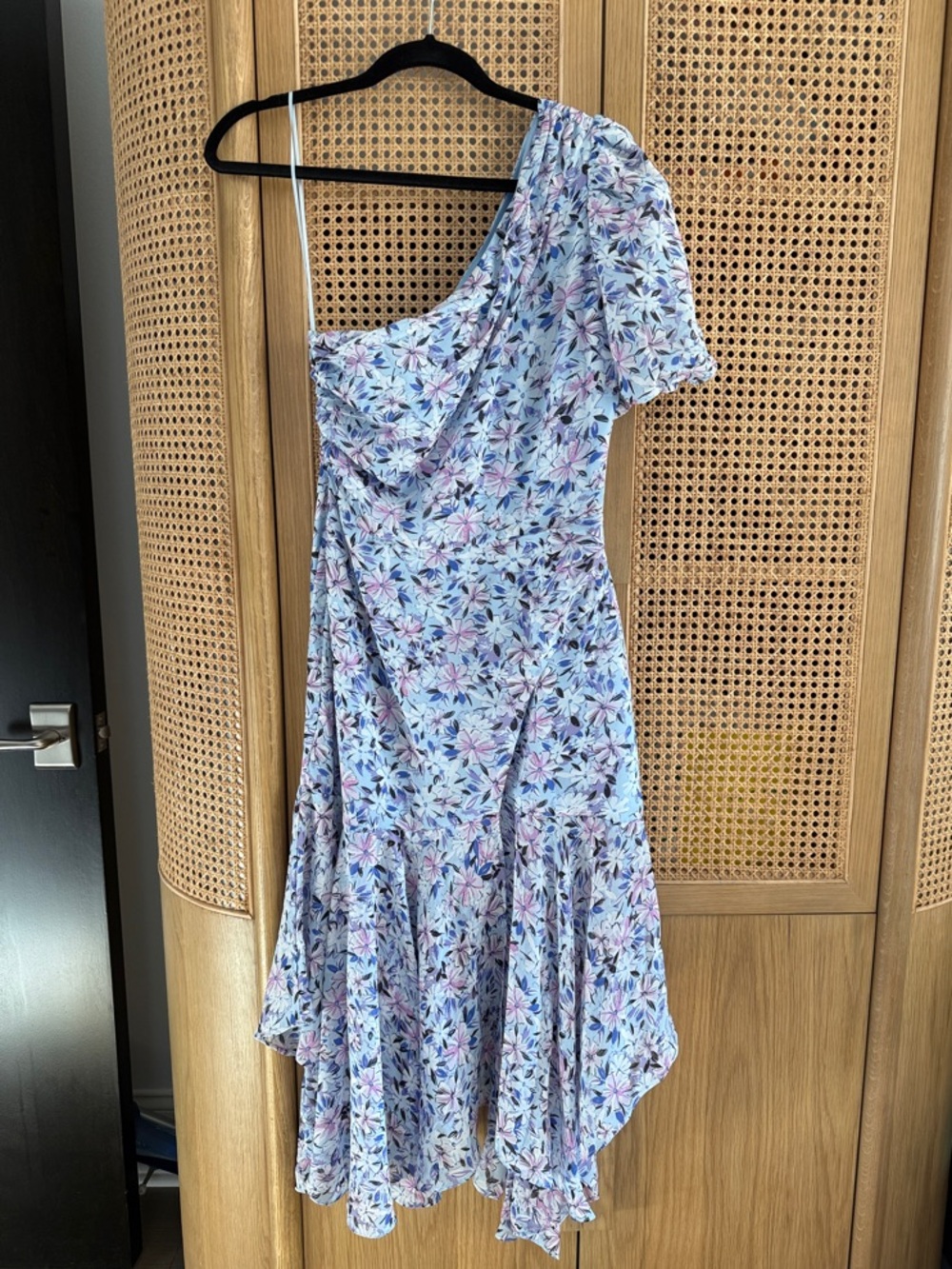 Astr One-Shoulder Floral Midi Dress in Light Blue with Pink Accents